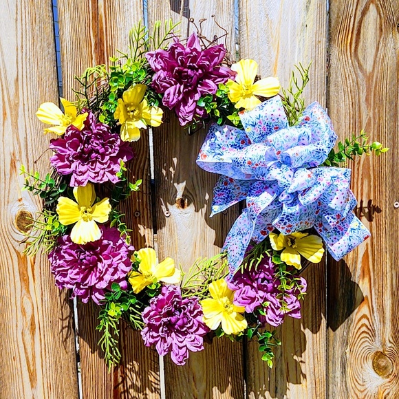 HAND CRAFTED SPRING FLORAL GRAPEVINE WREATH 20" FRONT DOOR DECOR SILK RIBBON 20" - Picture 3 of 12